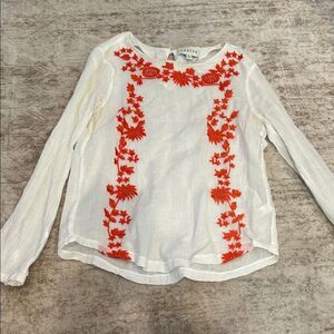 Sabine Mexicali Embroidered Top Anthropologie Cream Blouse with Red Embroidery S